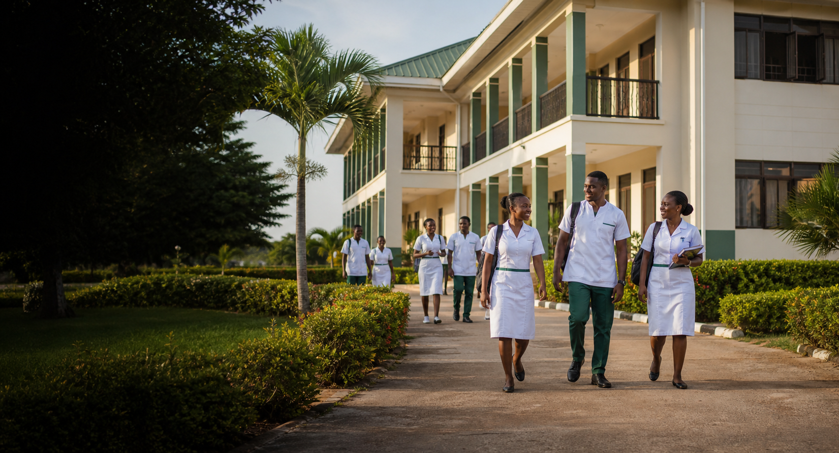 Nursing students walking through the NMTC Twifo Praso campus
